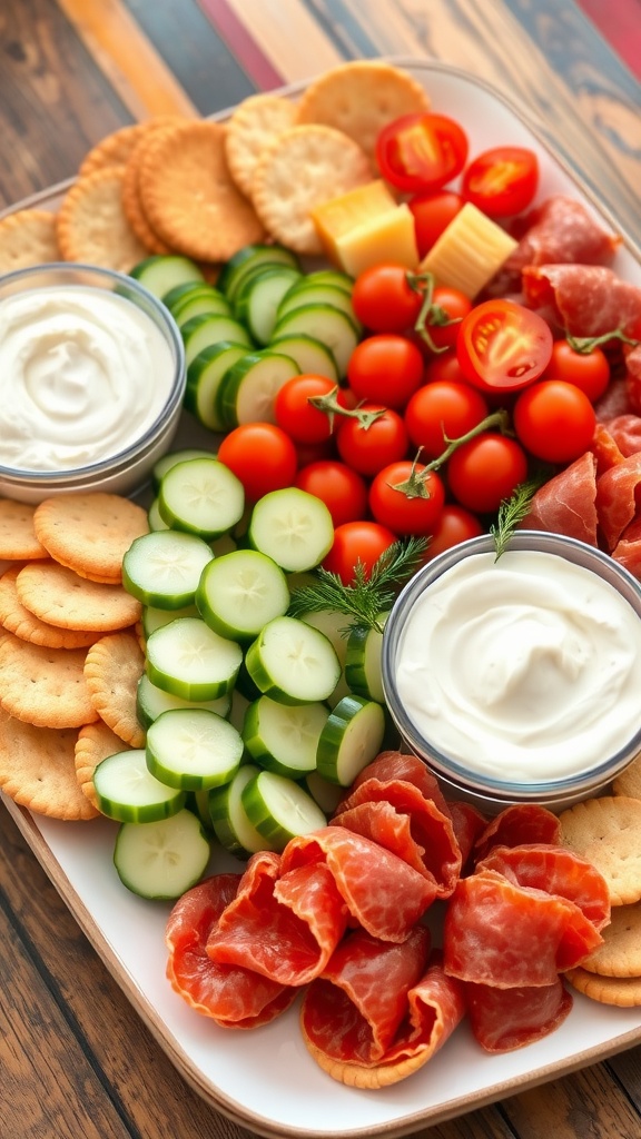 Platter of easy appetizers with cucumbers, tomatoes, dips, crackers, and salami on a rustic table.